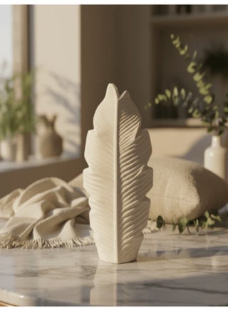 AKDC Luxury Leaf-Style Ceramic Flower Vase – Elegant White Decorative Design for Modern Interiors, 25 × 14 cm